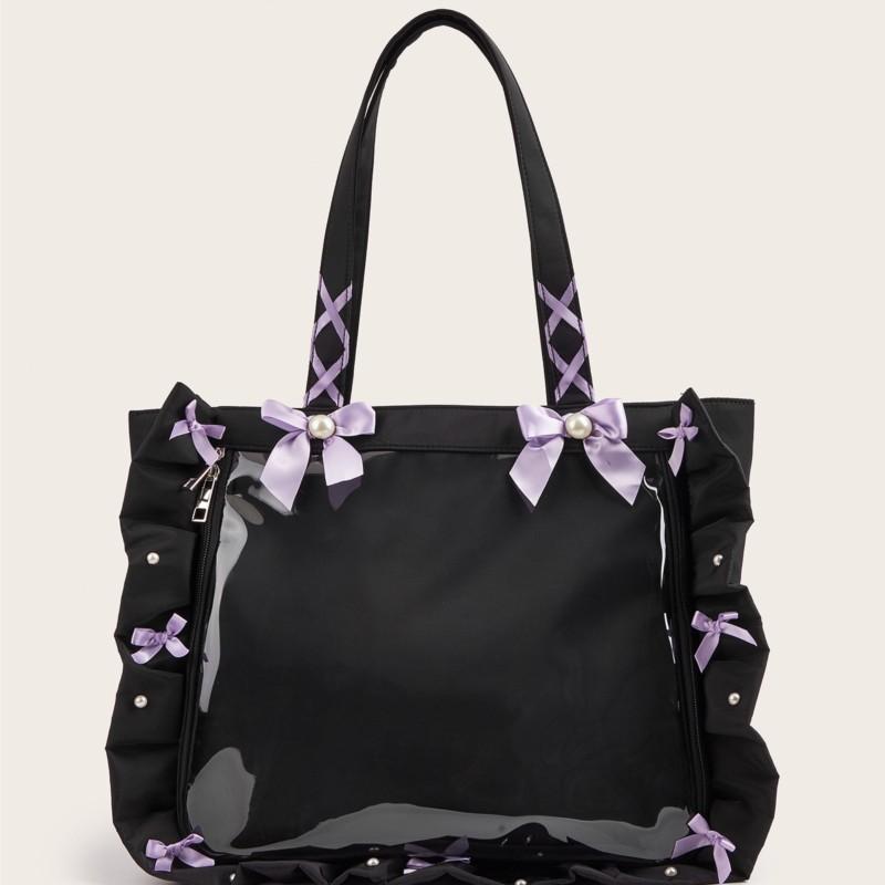 Japanese Ruffled Ribbon Bow Ita Bag Women Sweet Cute Multifunctional Clear Shoulder Purse Ladies Anime Badge Spacious Tote Bag