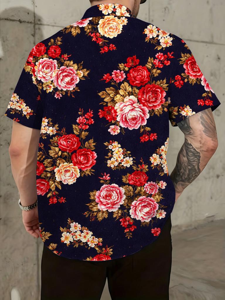 Plus-size Men's Multi-Button Short-Sleeve Shirt with Floral Pattern, Casual Stand-Up Collar Short-Sleeve Shirt with Enlarged Full-Floral Print, V-Neck