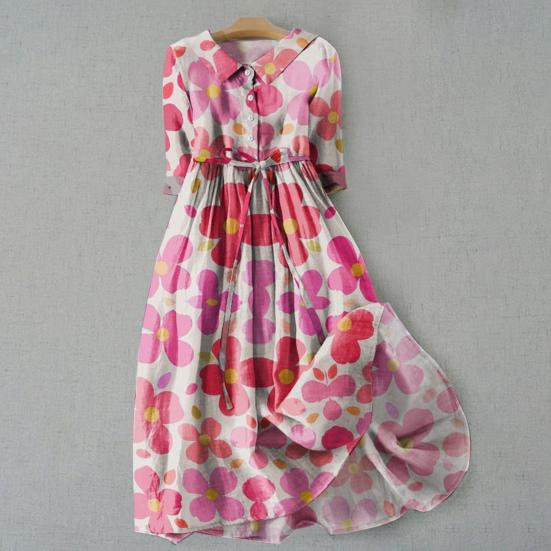 Женское летнее платье с отложным воротником и цветочным принтом, с короткими рукавами, плиссированное трапециевидное платье с высокой талией и большим подолом, однобортное платье миди для отдыха