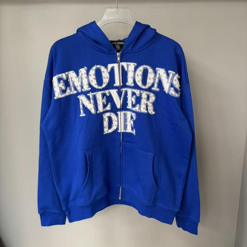 Mixed Emotion Zip-Up Hoodie Sweatshirt Men Women Letter Rhinestone Decor Casual Outerwear