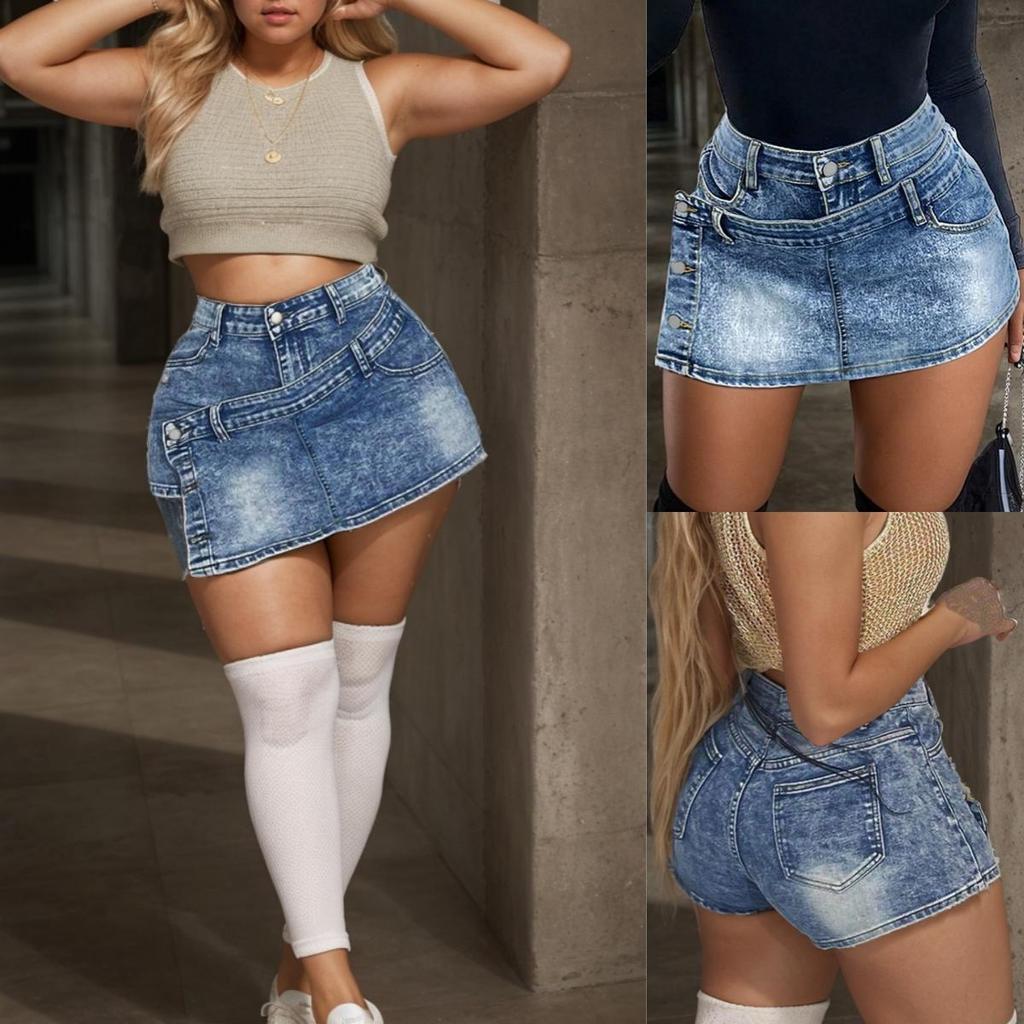 Rose Beauty A Женская Y2K Rave Vintage Средняя талия Стирка Отделка на пуговицах Запах Асимметричный подол Мини-юбка из денима Узкая сексуальная юбка-брюки