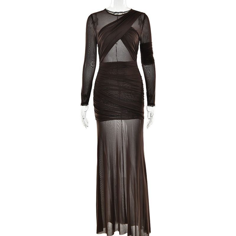 European and American Style Cross-Border Fashion Sexy Mesh See-Through Long Dress New Long-Sleeve Hot Girl Ruched Slim-Fit Long Dress Gown