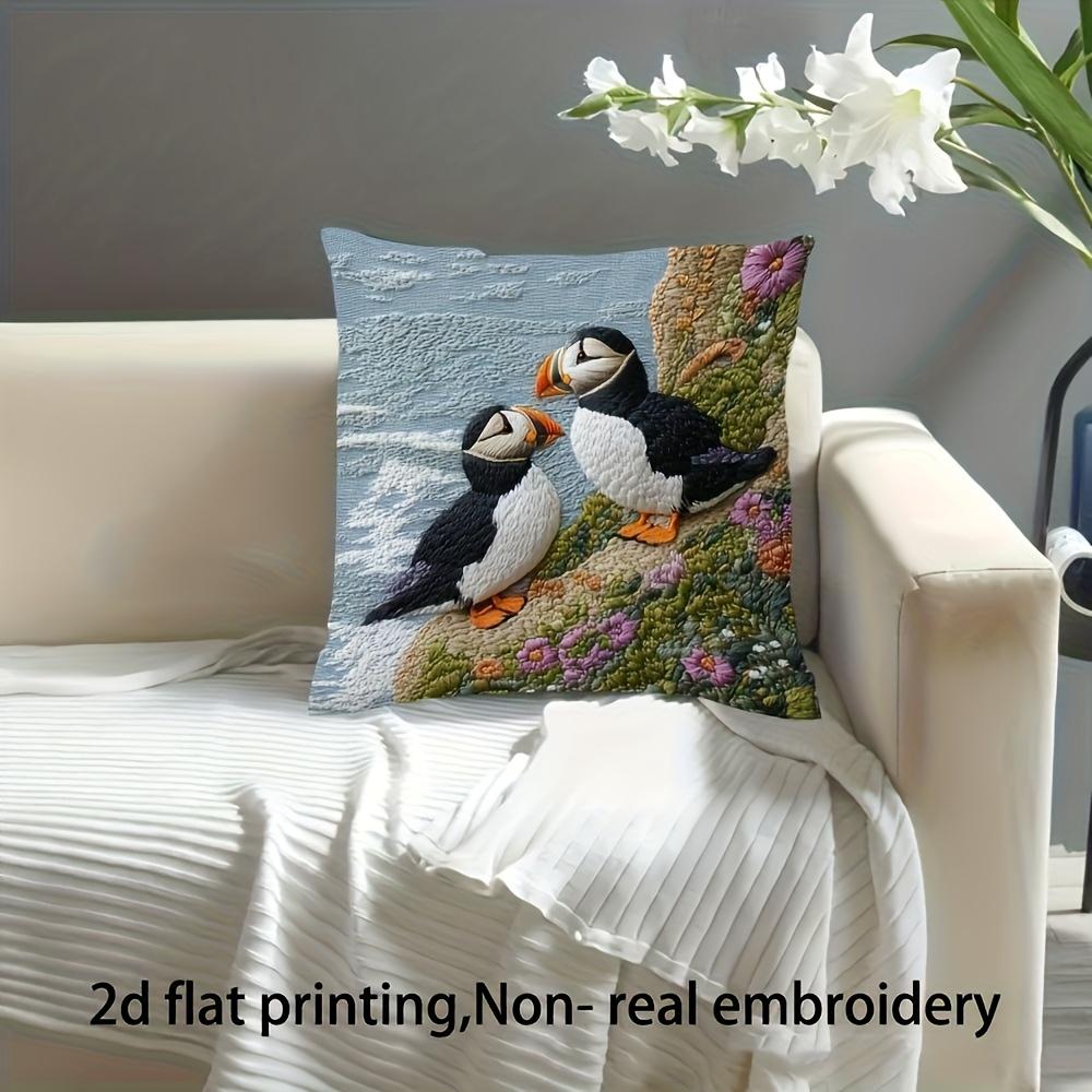 Cute Puffin Faux Embroidery Style Throw Pillow Cover Seaside Puffins & Flowers Decorative Pillow Case For Home Decor