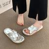 Popular one-word slippers for women wearing 2025 new summer high-end flat-bottomed non-slip pregnant women beach shoes