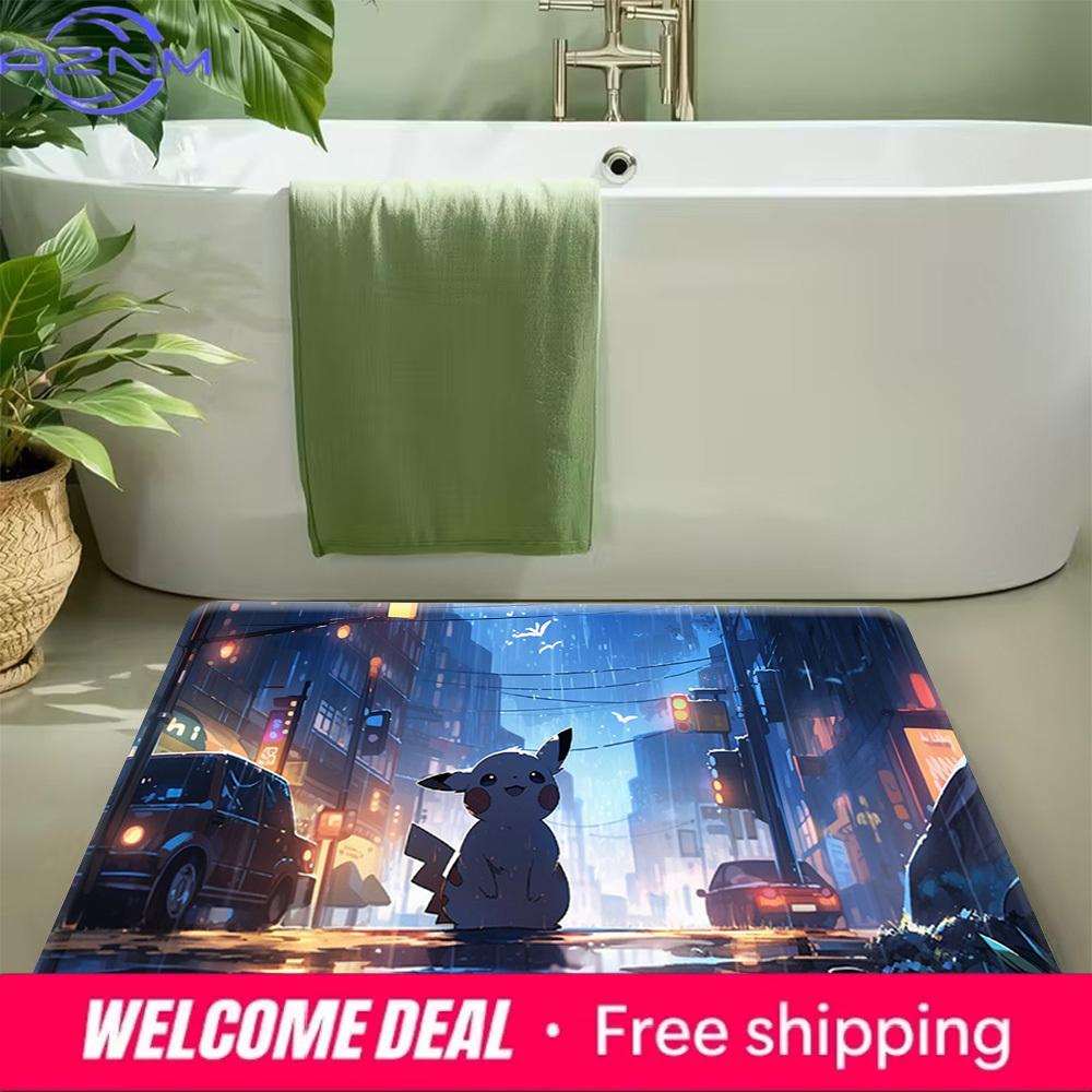 Pokemon Pikachu Night City Rain Print Non-Slip Doormat, Absorbent Floor Mat for Home Decor