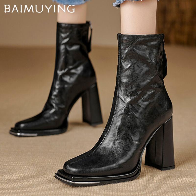 Женские зимние ботильоны на очень высоком каблуке с квадратным носком, сексуальные туфли из кожи, массивные модные ботинки 2024 года, зимние туфли-лодочки Botas Mujer