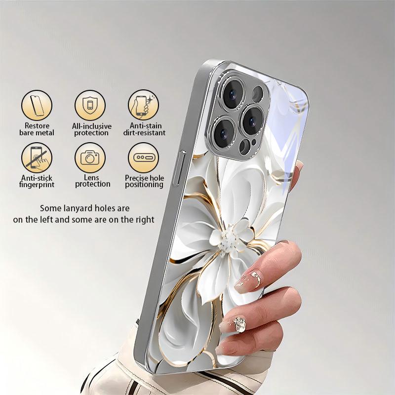 Край Белый Цветок Посеребренный Чехол Для Телефона Для iPhone 17Air 17 16 15 14 13 12 11 Pro Max Plus 16E XR 7 8 X Xr Стеклянная Крышка