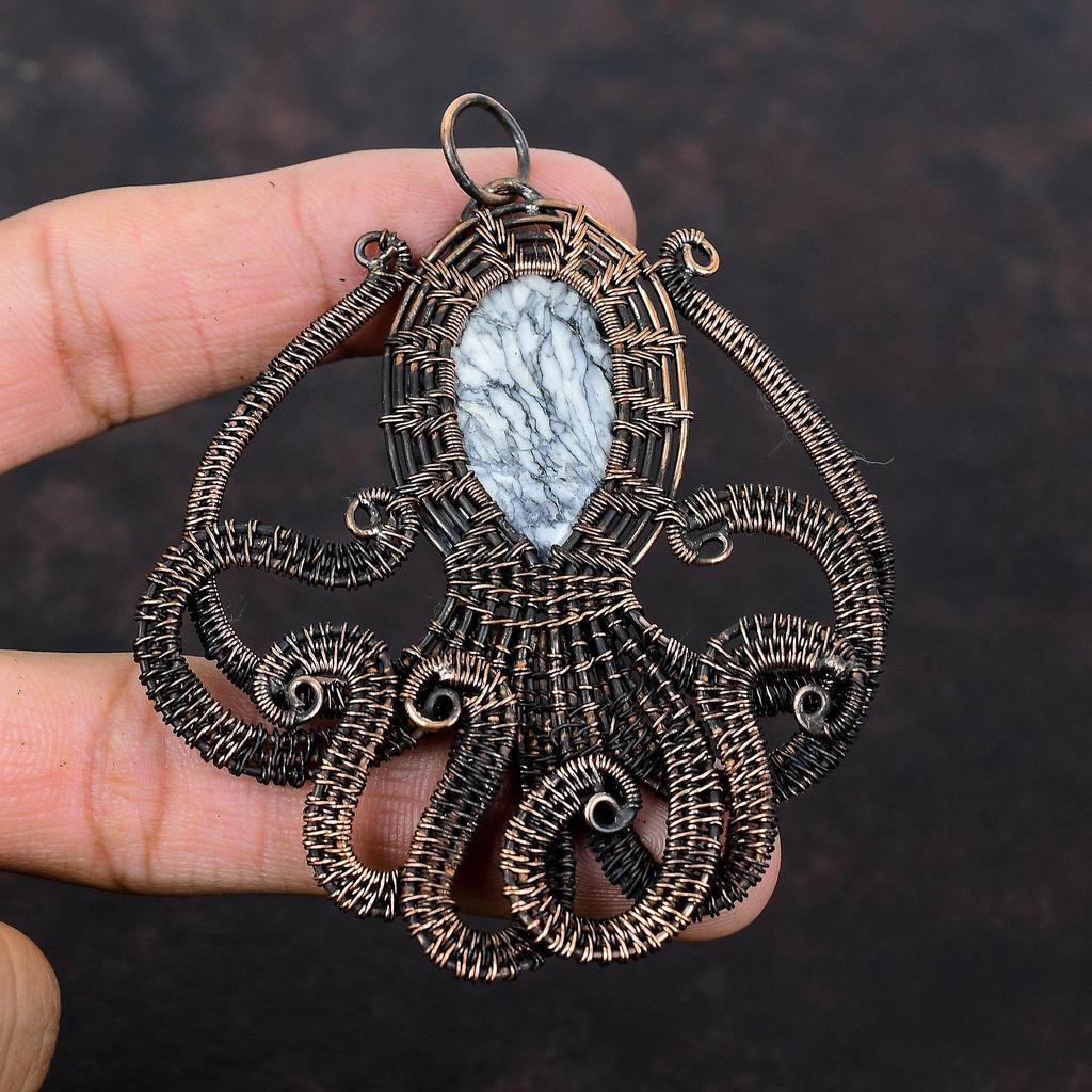 Pinolith Jasper Pendant Copper Wire Wrapped Pendant Handmade Pendant Copper Octopus Jewelry Wire Wrap Jewelry Gemstone Pendant Gift For Her