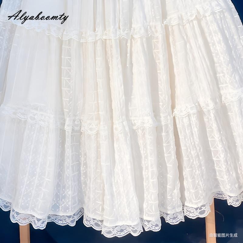 Japanese Lolita Style Autumn Winter Women Lace Skirt High Waist Beige Layered Ruffles Skirt Elegant Feminine Ladies' Tierred Skirts