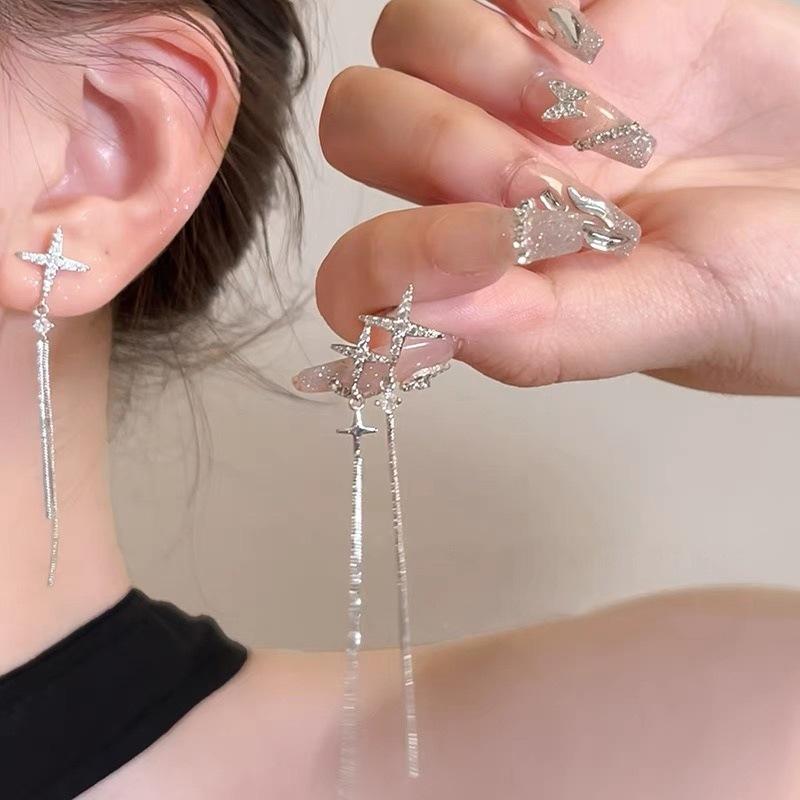 Asymmetric Cross Drop Earrings with Zirconia Tassel Elegant Dainty Studs for Women Fashion Minimalist Jewelry