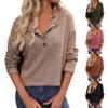 Women's Fashionable Solid Color Round Neck Button Long Sleeved Loose T-shirt Top