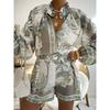 Women 2 Piece Outfit Floral Print Puff Sleeve Button Front Blouse High Waist Fringe Shorts Boho Casual Matching Set