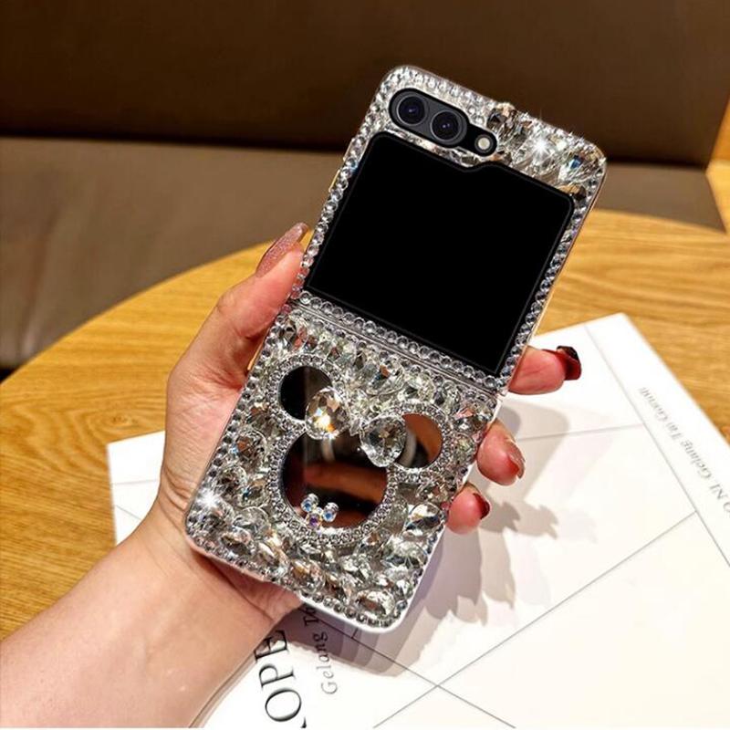 Luxury Rhinestone Cute 3D Mouse Mirror Phone Case for Samsung Galaxy Z Flip 5 4 3 Fashion Water Drop Diamond Hard PC Back Protection Cover