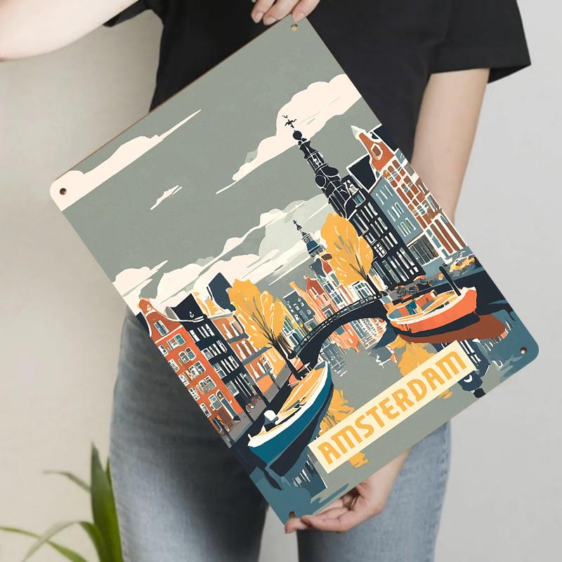 Amsterdam Canal Scene Metal Wall Art Vintage European Architecture Home Decor for Living Room