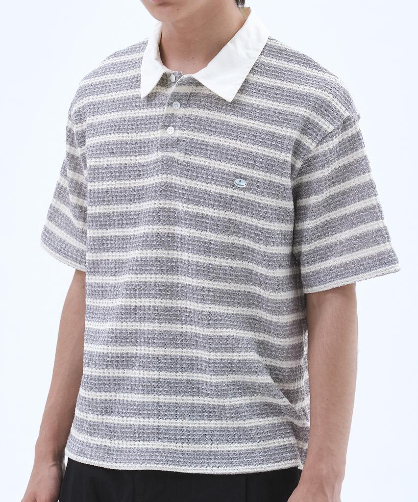 TRIP LE SENS Surfer Stripe Waffle Polo Shirt_Light Gray