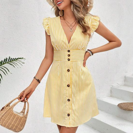 Женское платье с полосатым принтом, летнее короткое платье А-силуэта с пуговицами спереди, оборками, рукавами-крылышками и V-образным вырезом, мини-платье для вечеринки
