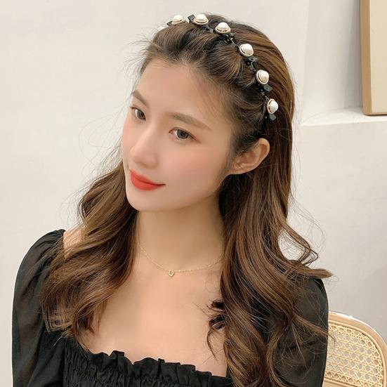 Shining Rhinestone Faux Pearls Flower Decor Women Headband Non-slip Elastic Double Layer Bangs Clips Hair Hoop Hair Accessories