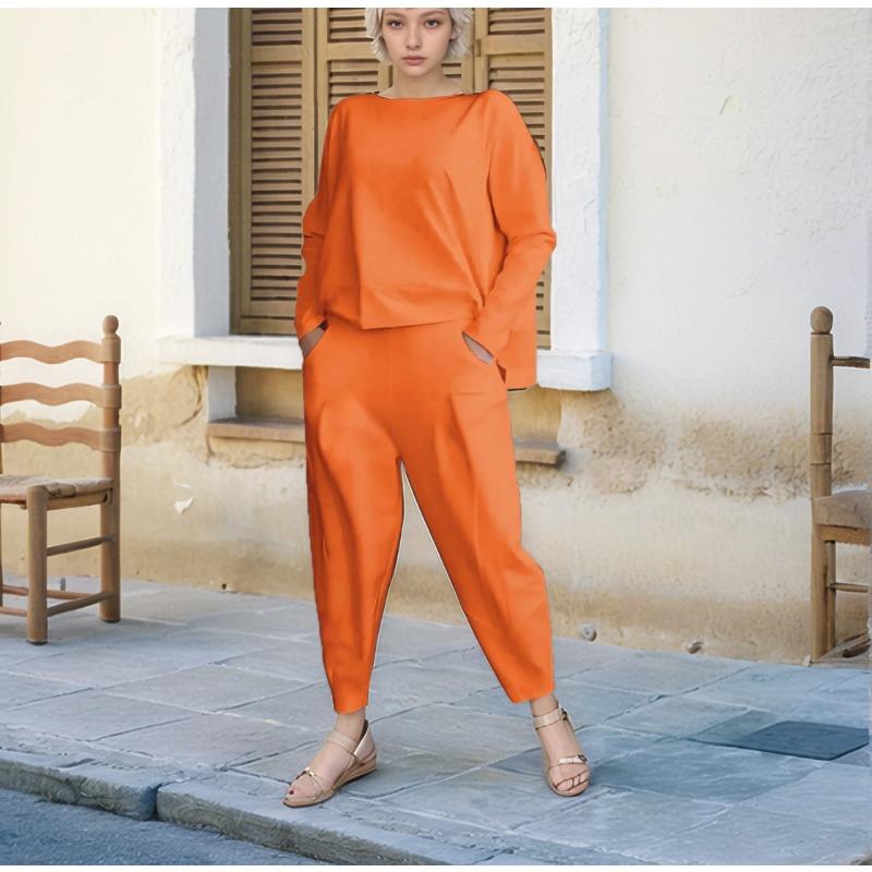 Модная повседневная рубашка с круглым вырезом и длинным рукавом, комплект из двух частей, свободные брюки, осенний однотонный костюм больших размеров с карманами, женская одежда 1846