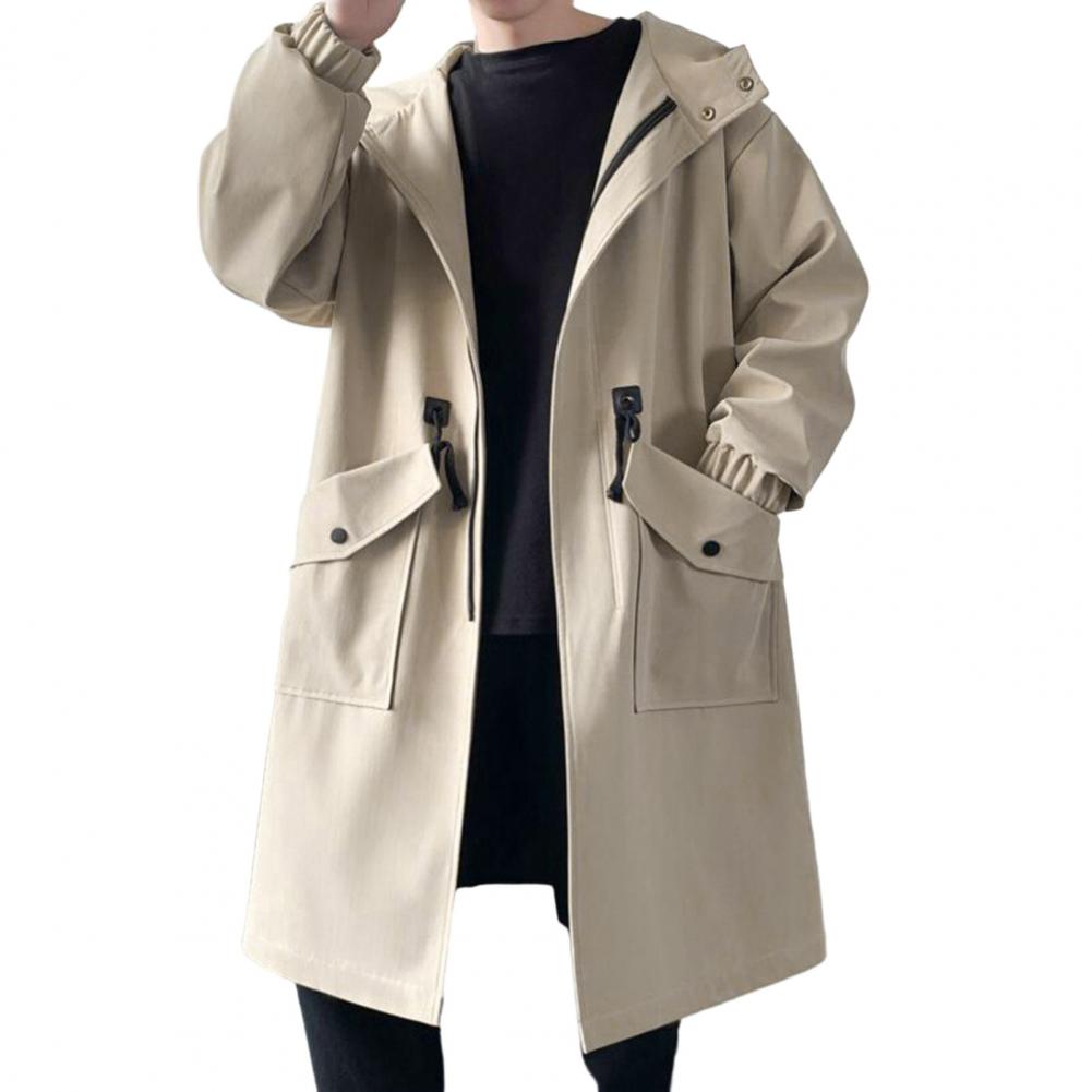 Men Trench Coat Hooded Loose Mid Length Big Pockets Long Sleeve Windproof Solid Color Zipper Closure Anti-wrinkle Elastic Cuff S