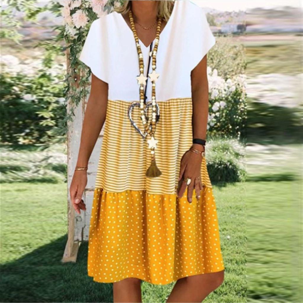 Модное женское повседневное свободное платье в полоску в горошек с v-образным вырезом и короткими рукавами