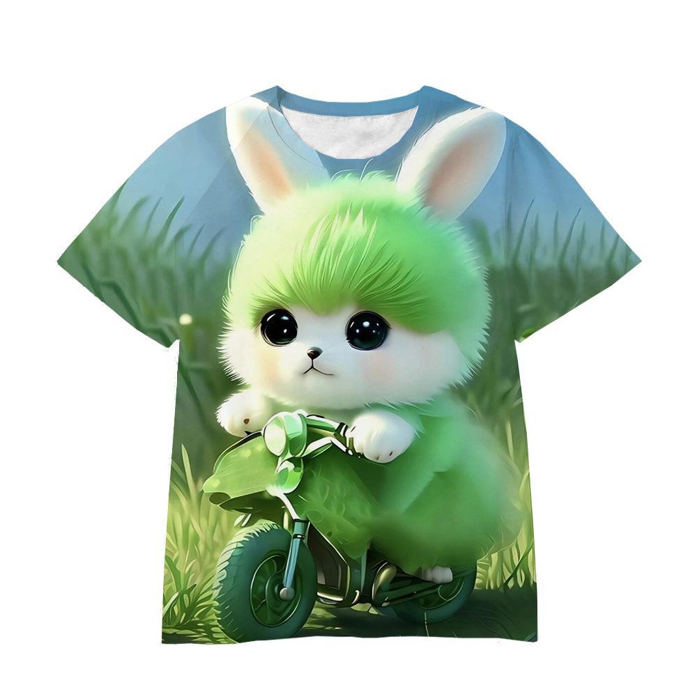 Summer Round Neck 3D Cartoon Furry Animal Print Top Fashionable Casual Short Sleeved Children's Boy and Girl Universal T-shirts