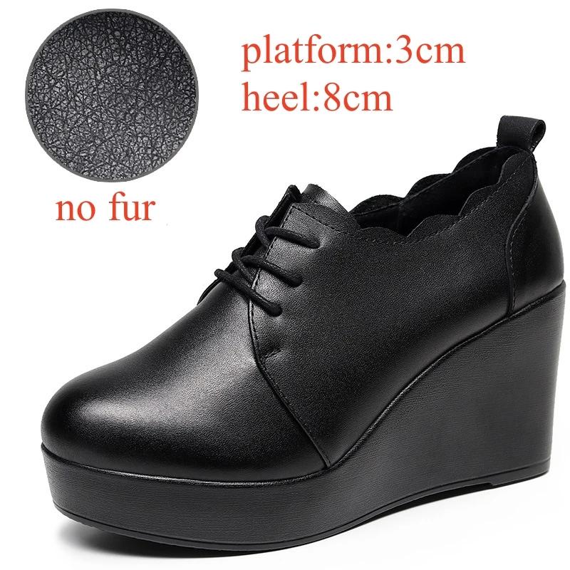 Маленький размер 33-43 Туфли из натуральной кожи с глубоким вырезом, на толстой подошве-платформе, Зима 2025, Высокий каблук, Тапочки-клинья, Офисная модель