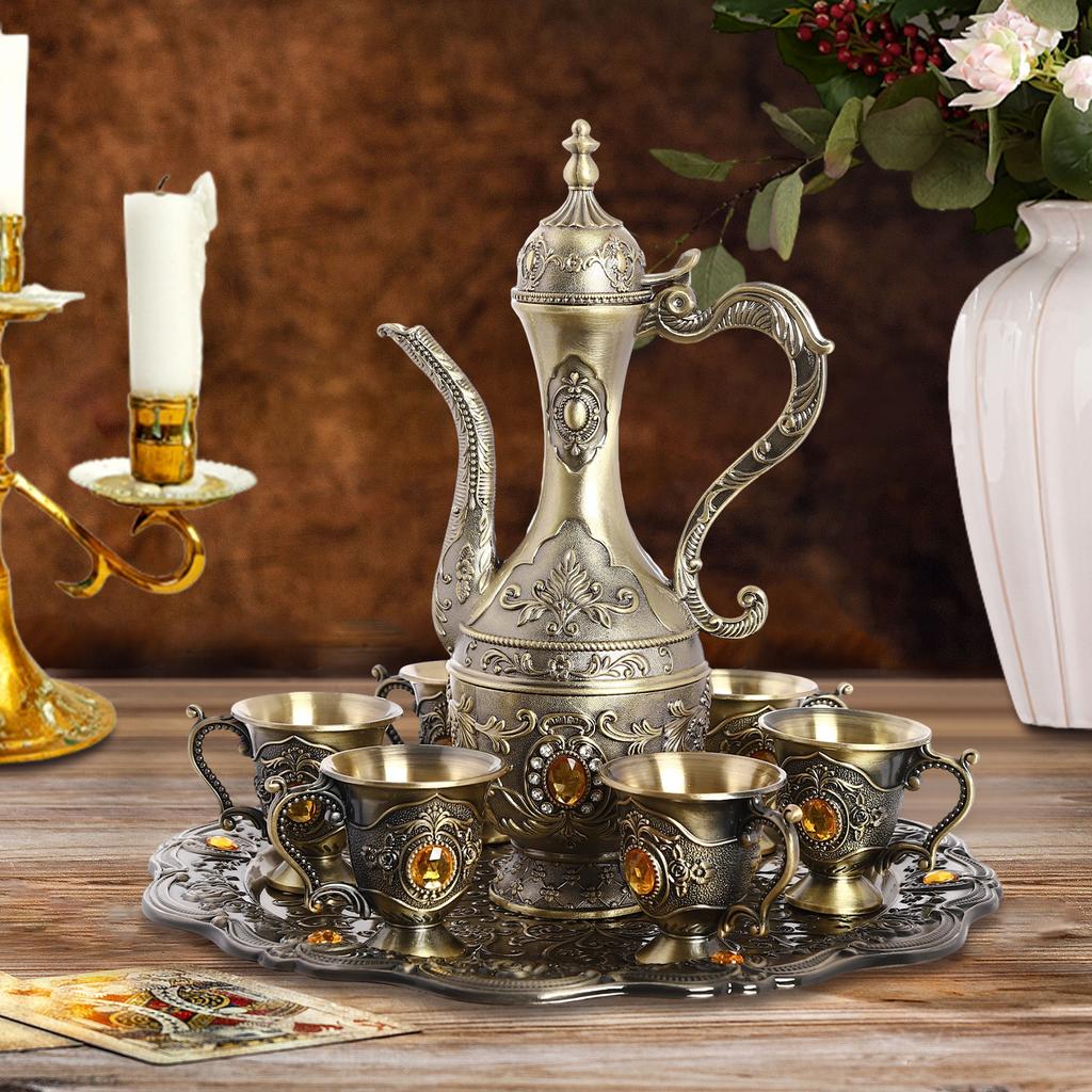 Bronze Tea Set, 1 Pot & 6 Cups with Tray, Retro Style Copper Tea Service for Home & Kitchen, Classic Coffee Pot and Teacup Set