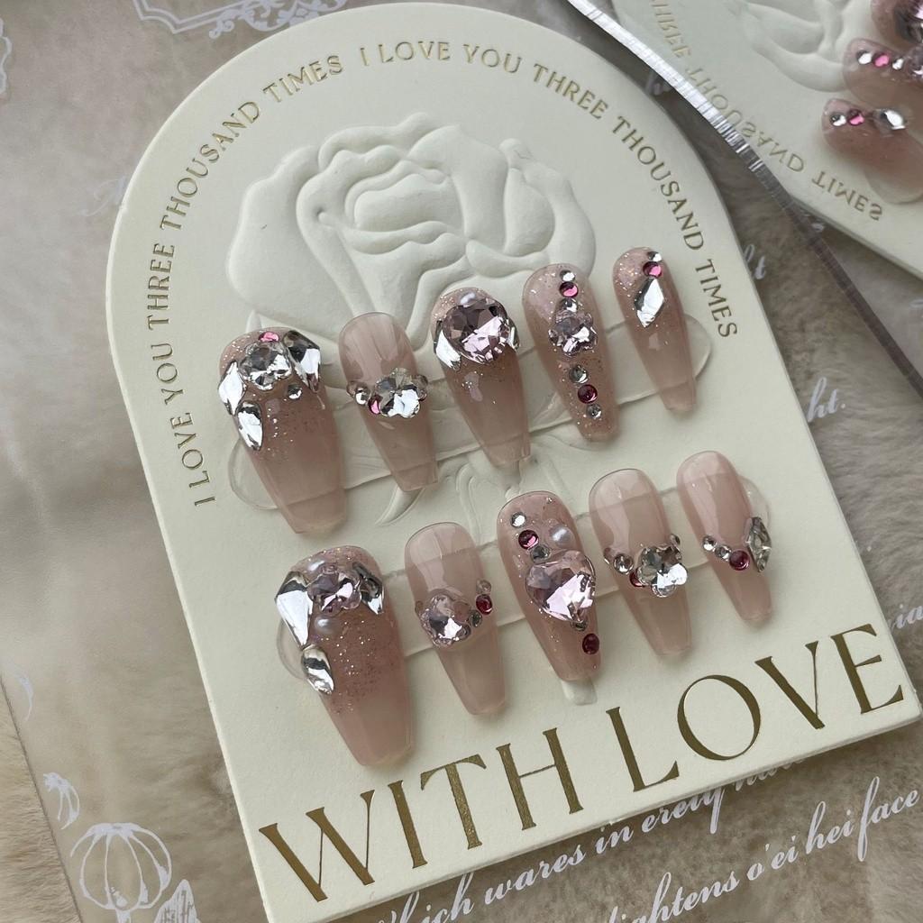 HANDMADE Medium-length Coffin Shaped Trapezoid Artificial Nail Pink Cute Sweet Princess Love Blush Crystal Diamond Phototherapy Nails Reusable
