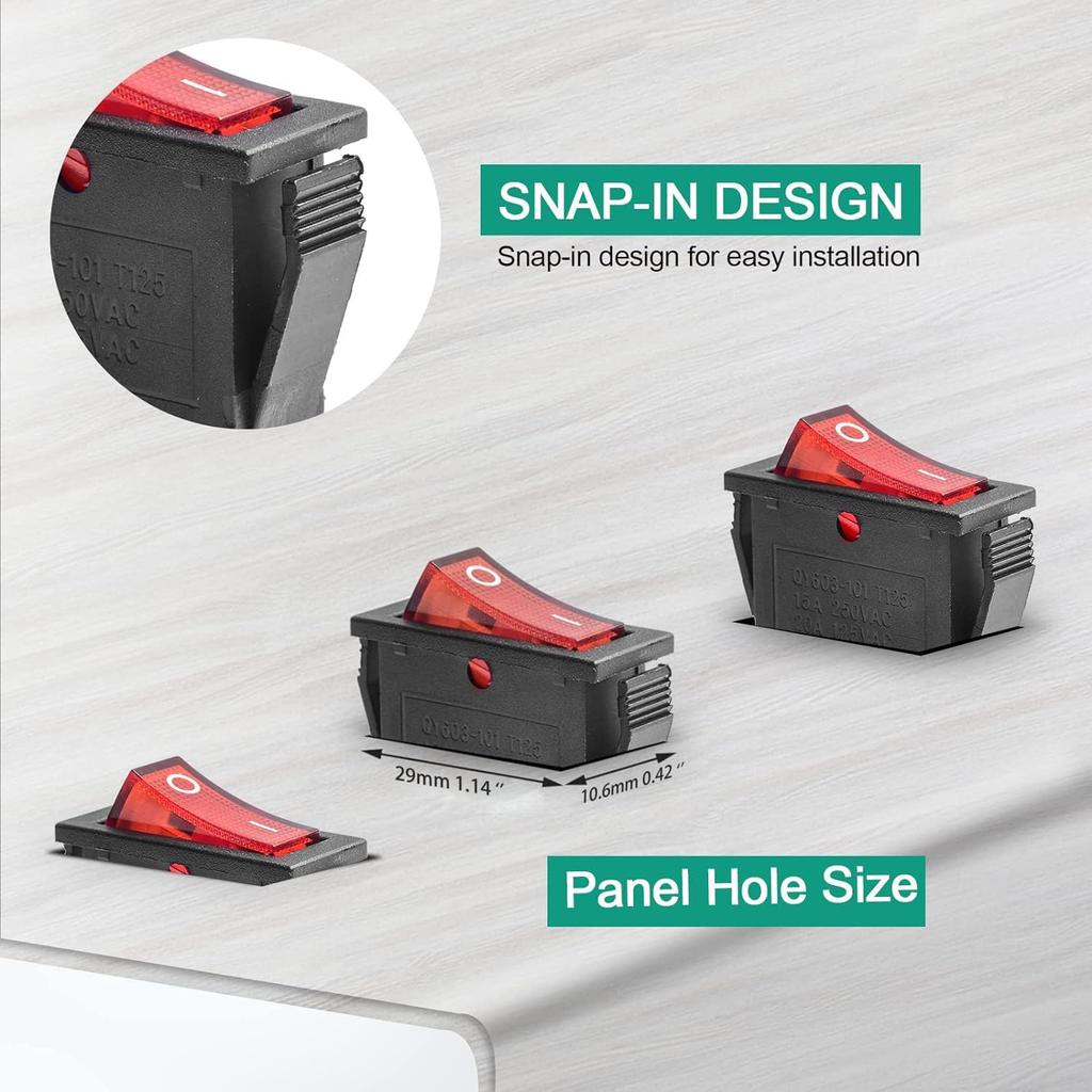 5Pcs AC 250V/15A, 125V/20A Red Illuminated LED On/Off SPST 3 Pin 2 Position Mini Marine Rocker Toggle Switch (Automotive Marine)