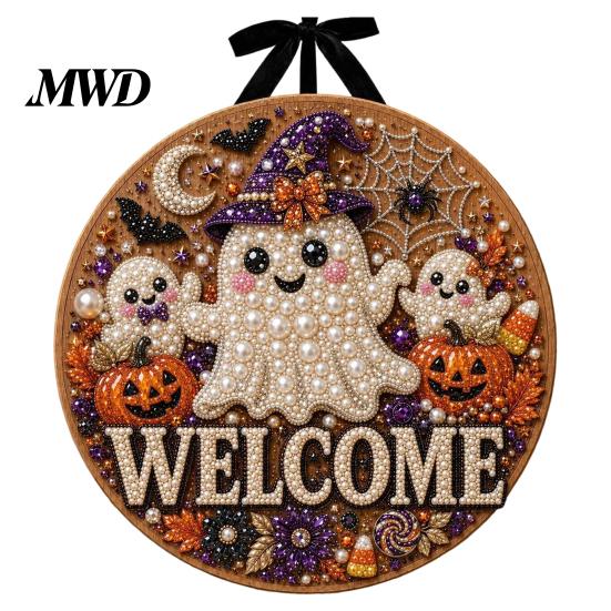 Welcome Sign Halloween Pearl Diamond Art Sign, 2D Flat Rhinestone Painting Craft Entryway Hanging Wooden Ornament, Sparkling Ghost Cat Grim