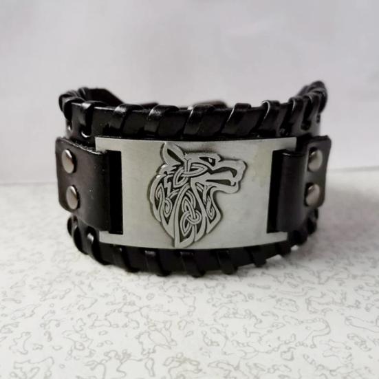 Мужской браслет, регулируемый широкий мягкий плетеный браслет из искусственной кожи в стиле ретро, ​​браслет-манжета с головой животного