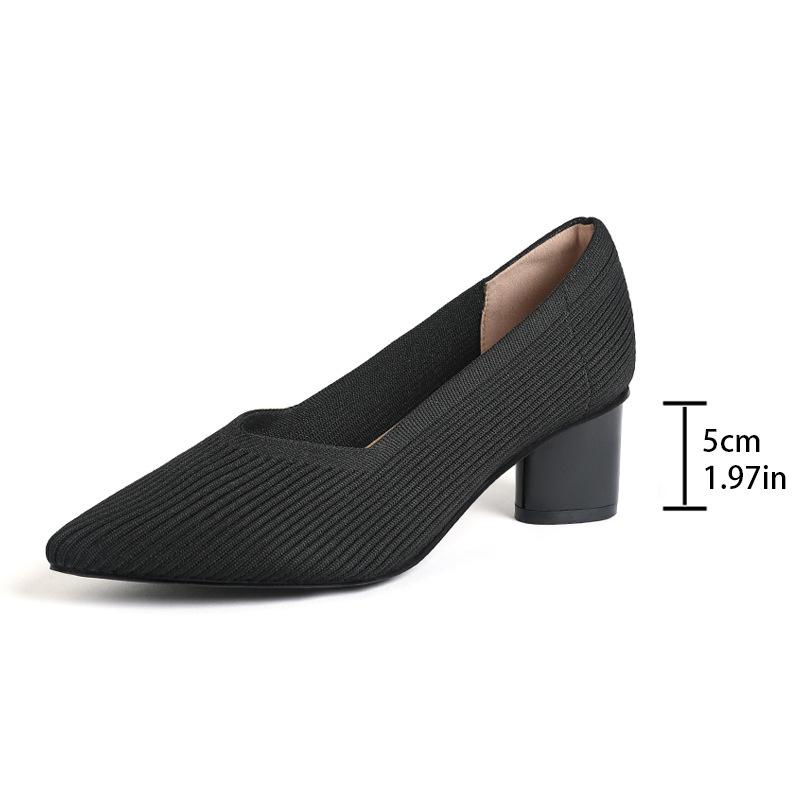 Мода 2025 Острый носок Средний каблук Дышащие Удобные Вязаные туфли Женские Неглубокий вырез Массивный каблук Мода Zapatos De Mujer Туфли-лодочки