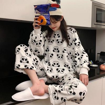 Новая мягкая женская одежда из кораллового флиса с милым принтом панды, пижама для женщин с круглым вырезом и длинным рукавом, осенний женский комплект из двух предметов