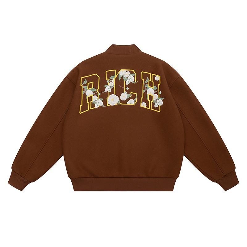 Mens Oversized Wool Blend Bomber Jacket With Embroidery - Casual Fall Streetwear Loose Fit Stand Collar Ribbed Hem