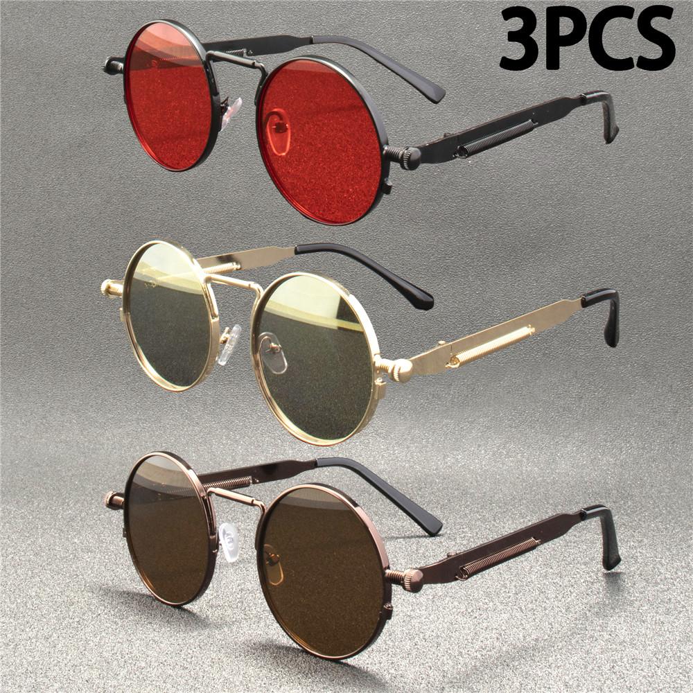 3PCS Vintage Punk Style Sunglasses Men Retro Round Metal Frame Women Sun Glasses Fashion Eyewear Mujer