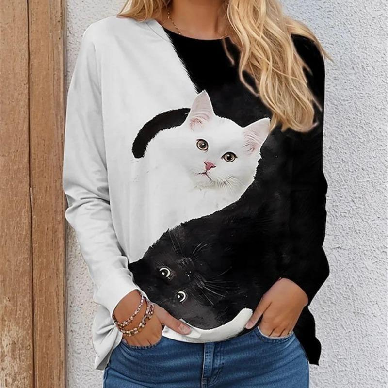 Women's 3d Colorful Cartoon Kawaii Cat Print Autumn Long Sleeve Tops Women's T-Shirt O-Neck Oversized Ladies Clothing