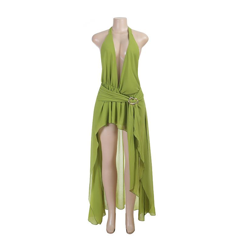 European and American style pleated neck split open back ruffle edge streamer evening dress island vacation beach skirt