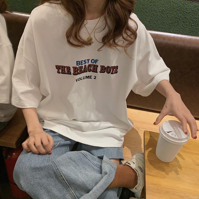 Повседневные свободные модные базовые универсальные футболки с буквенным принтом в стиле оверсайз, студенческие уличные женские футболки с короткими рукавами