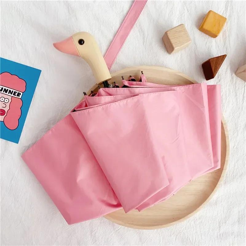 Зонт мужской милый утиный голова деревянная ручка 3 складной ветрозащитный черный покрытие УФ-защита женский дождевик автоматические зонты