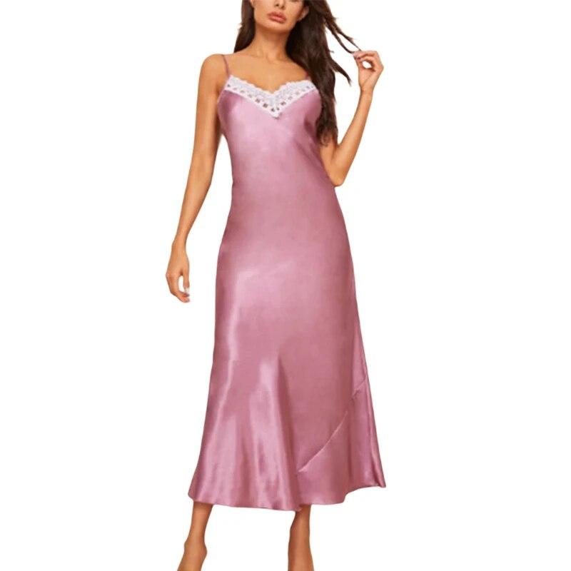Атласные длинные ночные рубашки для женщин, шелковая кружевная сорочка, рубашка на бретельках без рукавов, полная комбинация, ночная рубашка на тонких бретельках, одежда для сна