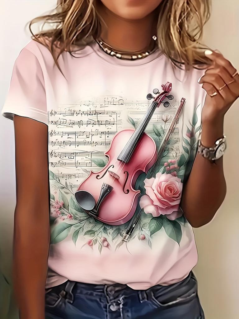 Женская футболка Летняя Повседневная Круглый вырез Короткий рукав 3D принт Цветочный узор Топ Свободная Повседневная одежда Женская футболка