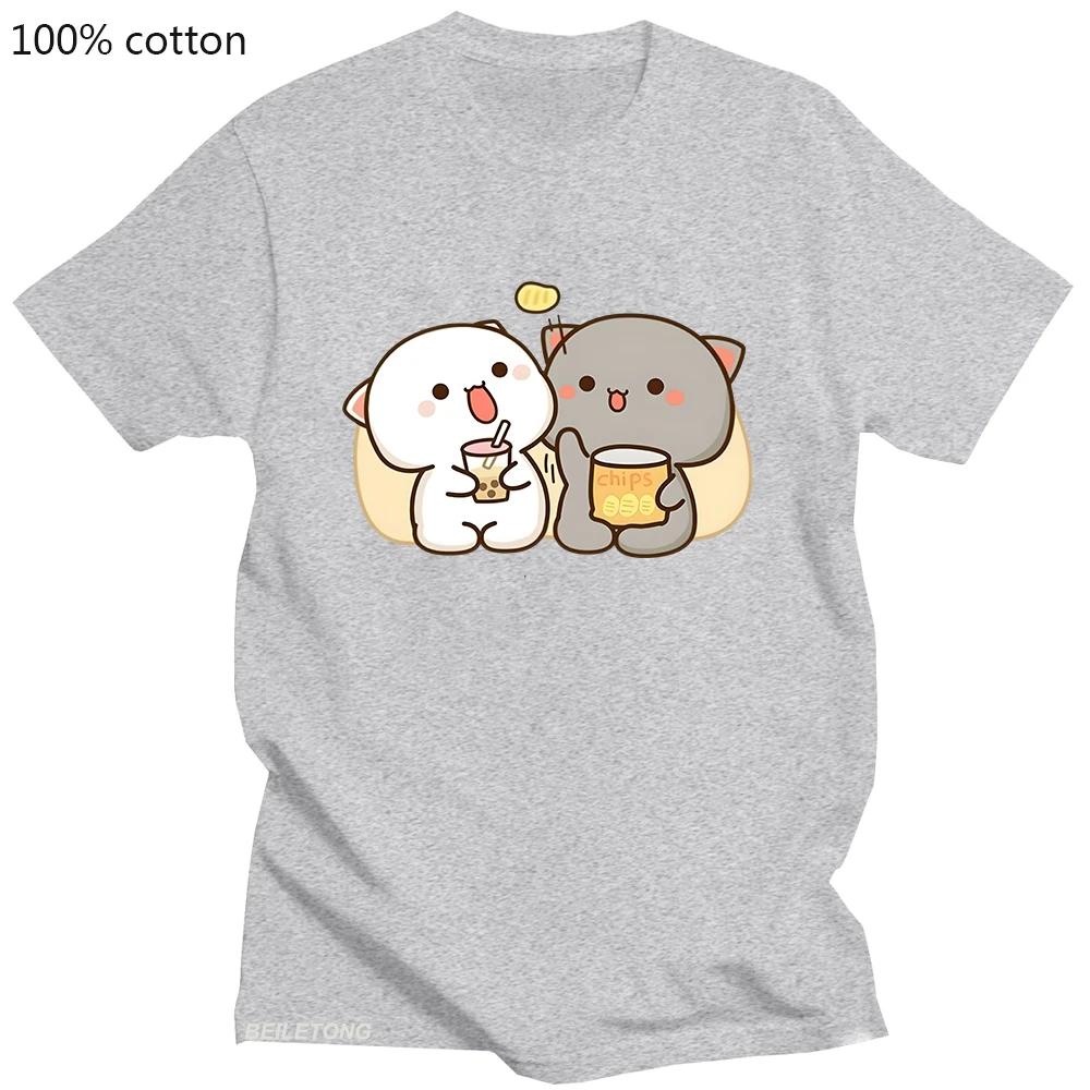 100% Cotton T-shirt Kawaii Mochi Peach Cat Clothing Bubble Tea Graphic Tshirts Casual Summer Tees Camisetas De Muje Short Sleeve