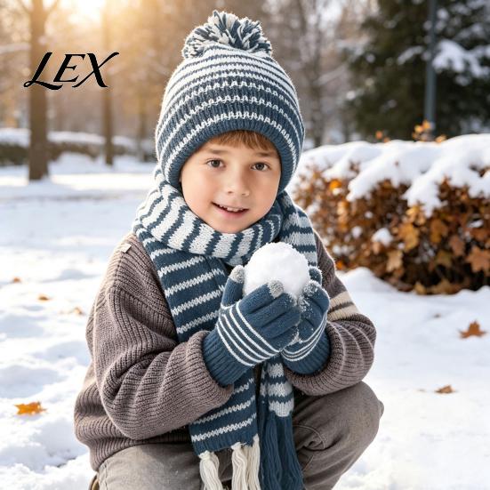 Winter Hat Scarf And Gloves Set 1 for Kids, Fleece Lined Striped Knit with Cozy Pom Pom, Toddlers Boys Girls Age 3 to 8 Outdoor Wear