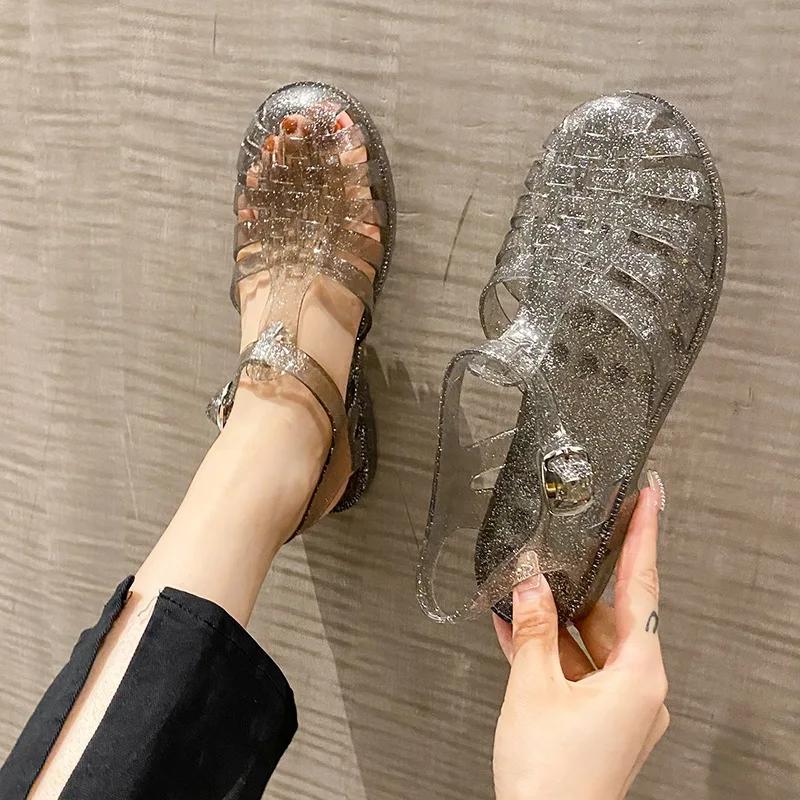 Пластиковые сандалии, женская летняя обувь, бесплатная доставка, Акция, женские повседневные прозрачные сандалии на плоской подошве, пляжная обувь Sandalias De Mujer