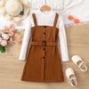 2025 New Girls' Turtleneck Hemp Pattern Long-Sleeved Knitted T-Shirt and Corduroy Suspender Dress
