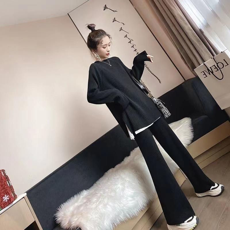 Women Fashion Ageing Knitted Suit Spring and Autumn Wind Retro Loose Open Sweater Wide Leg Pants Plus Size