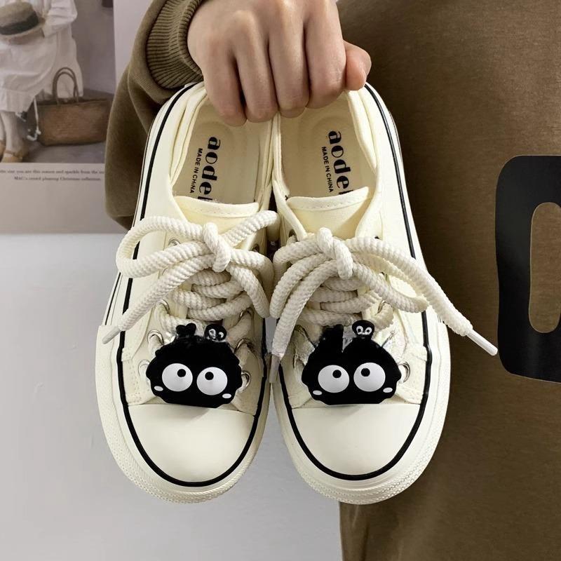 2024 Spring and Summer New Models Increase Height Niche Two Wear Ugly Cute Canvas Shoes Half Drag Little White Shoes Pedal Board Shoes Tide