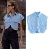Women Blouse Cropped Shirt Blue White Button Crop Shirt Elegant Short Sleeve Crop Top Woman Office Outfits Shirts Top