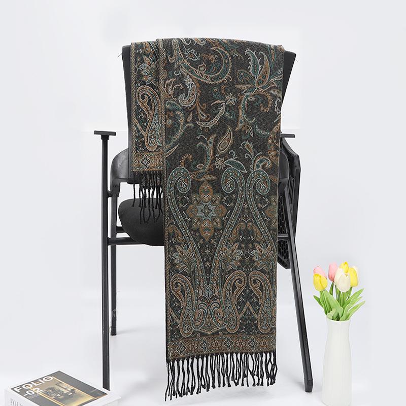 Cashew pattern long jacquard ethnic style vintage fringed shawl, dual-use scarf for women, warm travel cape