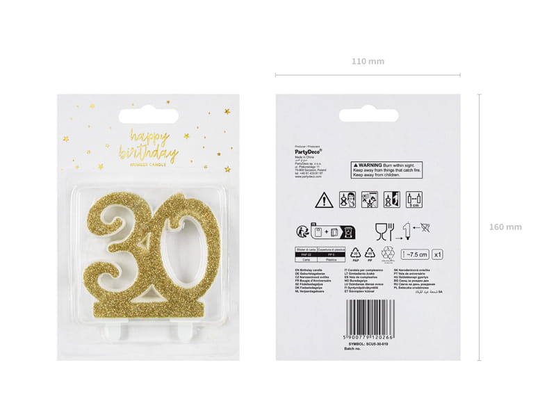 Partydeco Świeczka Urodzinowa Liczba 30 Złota 7,5Cm
